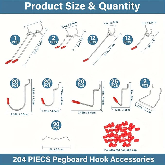 204 peg Board Hooks for Hanging - pegboard Accessories and Hangers for 1/4 & 1/8 inch peg Board Organizer Accessories - Ideal for Garage, Workshop & Tool Storage