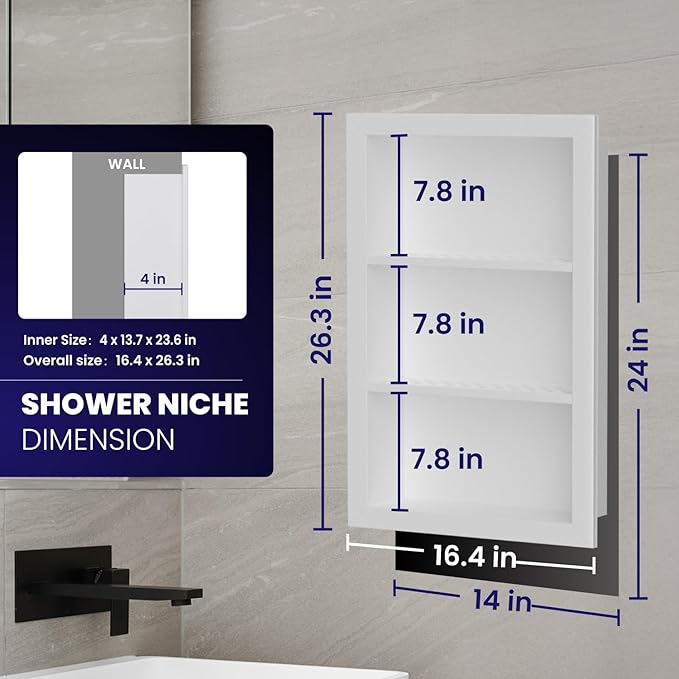 14" x 24" Stainless Steel Shower Niche, 3-Tier Waterproof Shelves, No-Tile Needed Bathroom Organizer, Rustproof Wall Shelf for Shampoo, Soap & Toiletries, White