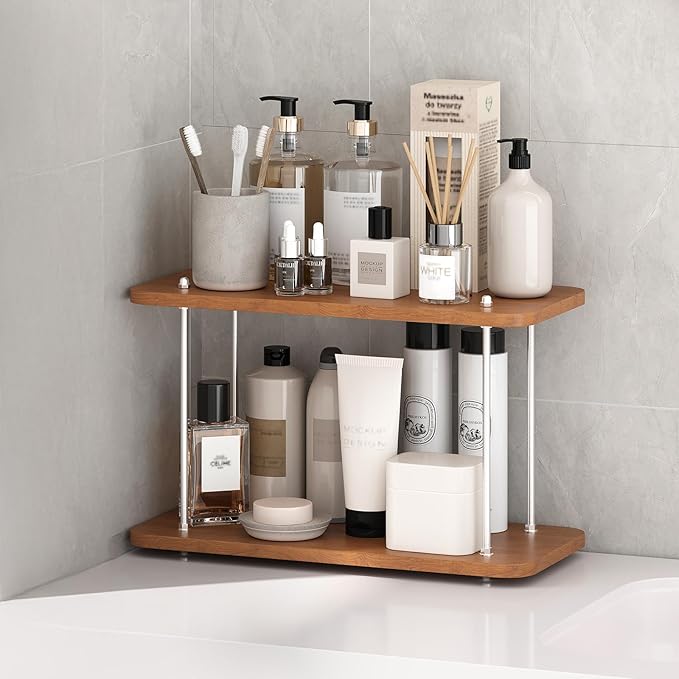 Bathroom Counter Organizer,Spices Organizer,Kitchen Countertop Organizer,Restroom Organizers,Bathroom Counter top Organizers and Storage,Cologne Stand,Adjustable Partition Height(Brown 2 Tier)