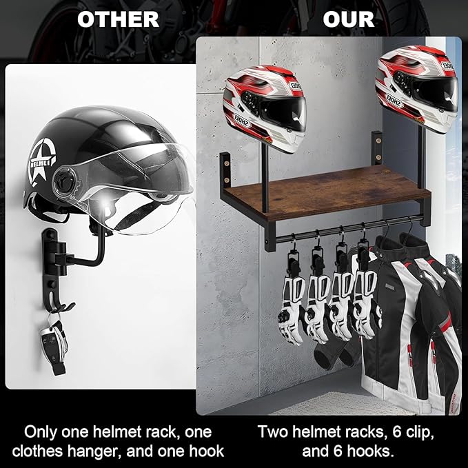 Motorcycle Helmet Rack Wall Mount, Helmet Holder with 6 Glove Chips& Hooks - Rustic Bike Helmets Storage Organizer, Universal Wall Mount for Helmets, Gear, Clothes, Motorcycle Accessories