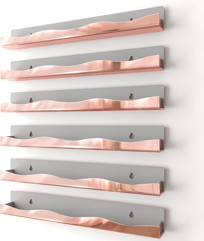 Wall-Mounted Nail Polish Organizer Rack - 15-Inch Rose Gold Mirror Finish Nail Polish Shelf, Makeup & Beauty Essentials Storage - Multi-Purpose Display Holder for Small Space, Vanity Bathroom, 6 Pack