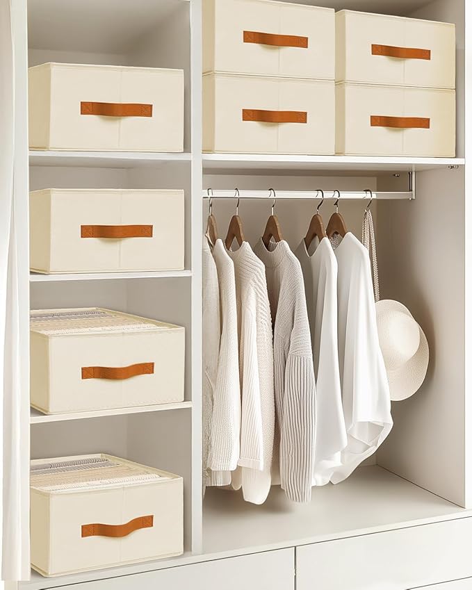 Closet Organizers and Storage - Fabric Clothes Organizer with Handles, Foldable Jeans Organizer for Clothes, Drawer Organizer for Shirts, Bra, Sweater, Scarf, 4 Pack, Beige