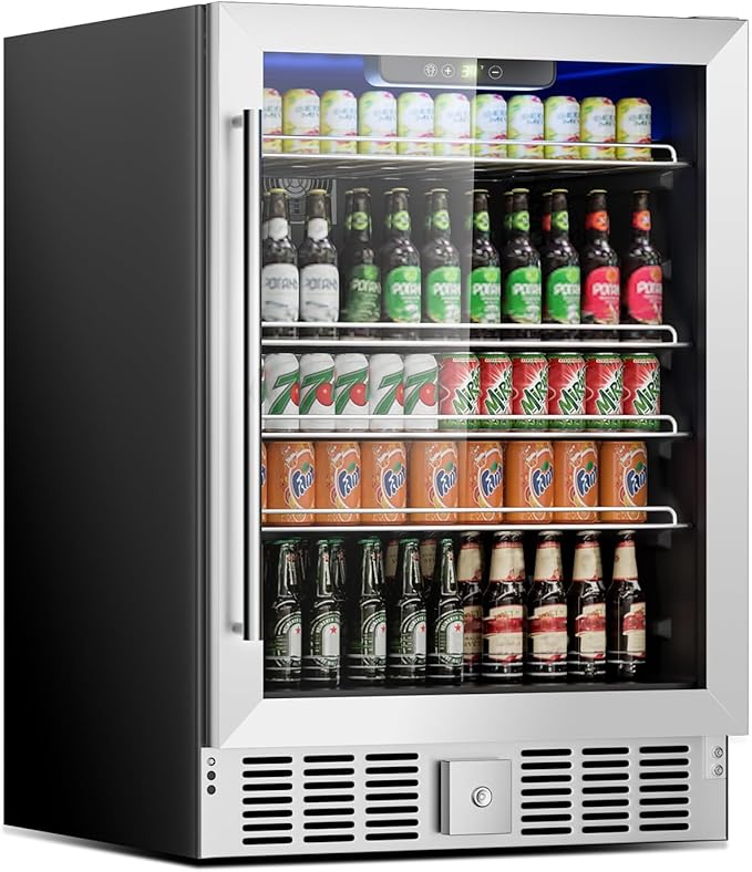 166 Can Mini Fridge - 5.3 Cu.Ft Beverage Refrigerator with Reversible Glass Door for Soda Wine Beer, Adjustable Temperature Control for Home Office Bar, Black(40-61 ℉)