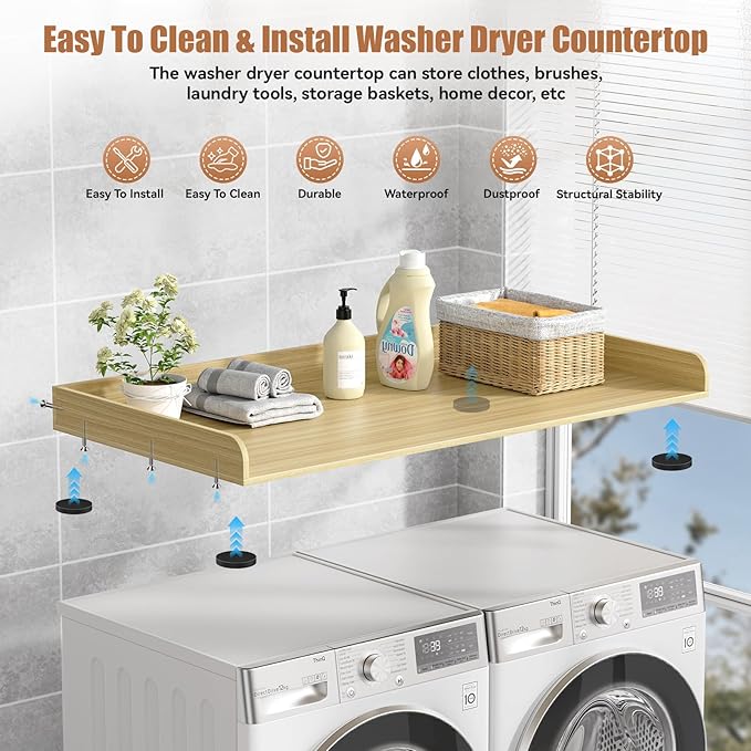 Washer Dryer Countertop, 27.5" D x 54" W Washer and Dryer Topper Covers with Edge Rails, Wood Laundry Room Countertop Shelves for Laundry Room Organization and Storage (Natural)