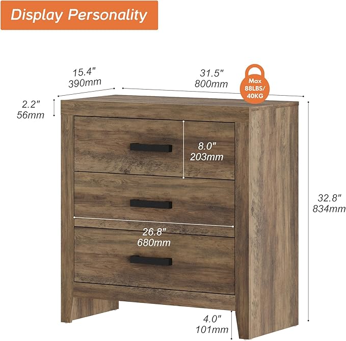 WAMPAT Farmhouse 3 Drawer Nightstand Set of 2, Large Wood Bedside Tables, 32" Wide End Tables with Storage for Living Room, Bedroom, Hallway, Brown