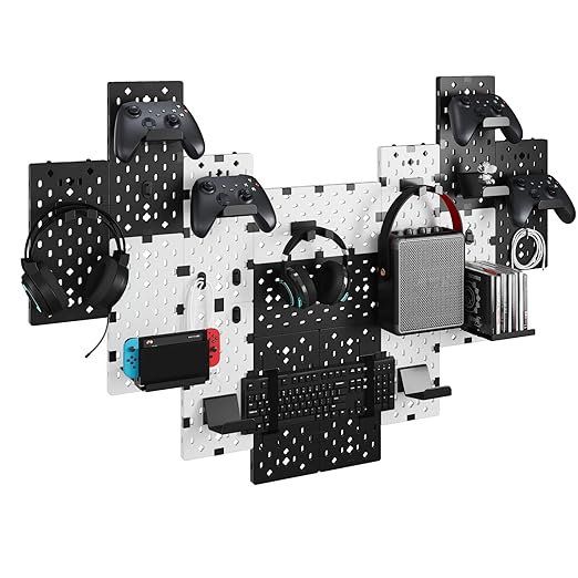 PEGZONE Controller and Headphone Holder Wall Mount, Modular Gaming Pegboard with Accessories, Controller Stand for Xbox PS5 PS4 Switch, Video Game Storage, Disc Shelf, 14pcs Pegboard, Black & White