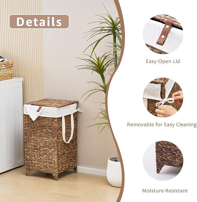 Laundry Hamper with Lid and Removable Liner Bag, Handwoven Natural Hyacinth Clothes Hamper with Heightened Feet, Wicker Laundry Basket for Clothes and Towels，Small