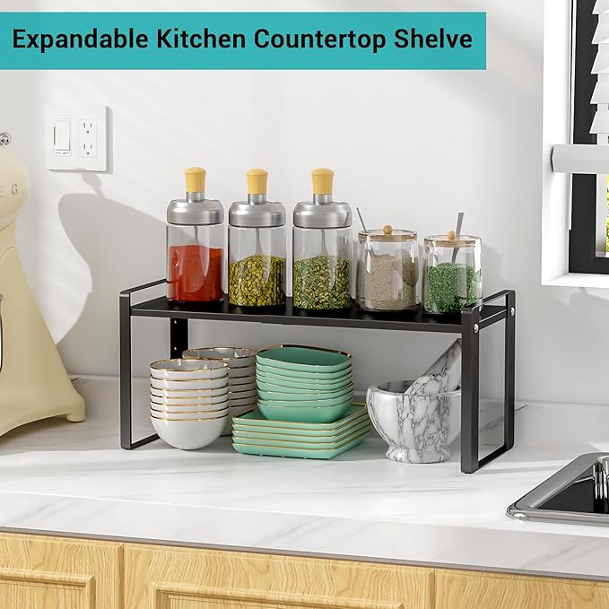 Expandable Cabinet Organizer Shelves, 88lbs High Weight Capacity, Heavy-Duty Metal Storage Rack, Adjustable Cabinet Shelf for Kitchen, Pantry, Cupboard, Under Sink, Black, Patent Pending