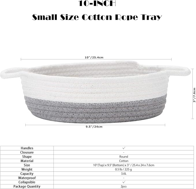 Sea Team 2-Pack Cotton Rope Baskets, 10 x 3 Inches Small Woven Storage Basket, Fabric Tray, Bowl, Round Open Dish for Fruits, Jewelry, Keys, Sewing Kits (Grey & White)