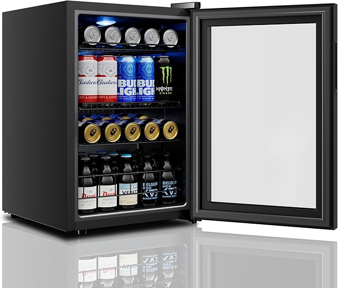 Yeego Beverage Refrigerator Cooler, 85 Cans Drink Mini Fridge with Glass Door for Soda Beer or Wine, Beverage Cooler with 34°F-54°F Digital Temperature Control for Home, Office, Bar