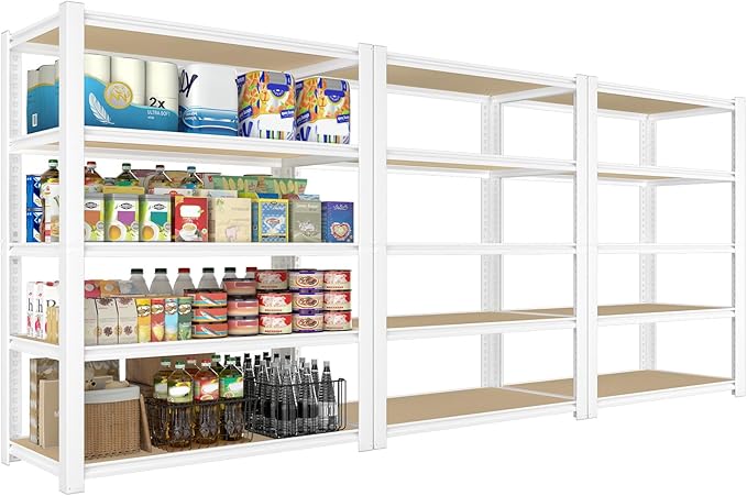 PrimeZone 28" W x 12" D x 59" H Closet Storage Shelves - 5 Tier White Metal Connector Shelving, Adjustable Heavy Duty Garage Shelves, Utility Rack Organizer Shelf for Kitchen Pantry Closet, 3 PCS