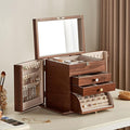 Black Walnut Wooden Jewelry Box, Wood Jewelry Organizer with 2 Side Doors Mirror Lockable Classical for Watch Necklace Ring Earring Storage Christmas Gifts-4 Layer with Curved Ring Grooves