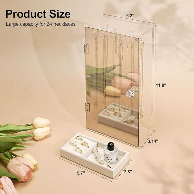 Acrylic Jewelry Organizer with Mirror - 24 Rotating Hooks, Velvet Tray for Necklaces, Rings & Earrings - Clear Necklace Holder Organizer, Rotating Jewelry Box, Elegant Necklace Jewelry Box for Women