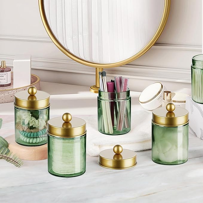Amolliar Sage Green Glass Apothecary Jar, Qtip Holder Metal Lid & Stickers, Bathroom Qtip Holder Storage Canister, Farmhouse Decor for Cotton Balls, Swabs, Round Pads, Bath Salt, Floss, Gold 1 Pack