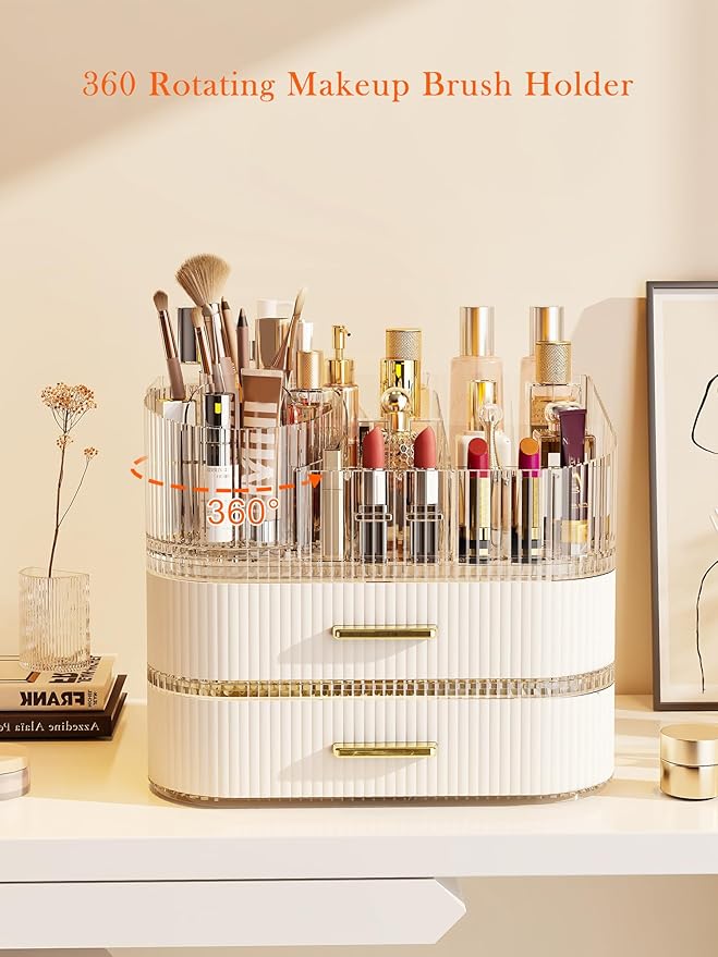 Makeup Organizer with Stackable Drawer, 360 Rotating Makeup Brush Holder, 11-inch Wide Large Cosmetic Display Case, Skincare Organizers and Storage for Vanity, Bathroom Countertop (1 Tray + 2 Drawer)
