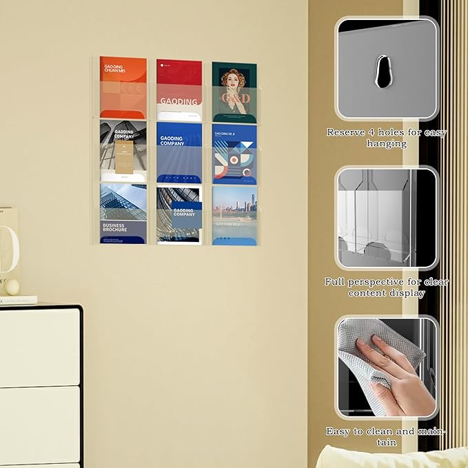 Acrylic Brochure Pamphlet Holder, 9 Magazine Holders, Clear Brochure Display Stand Wall Mount, Trifold Flyer Rack, Literature Storage Rack for Home, Offices, Waiting Room