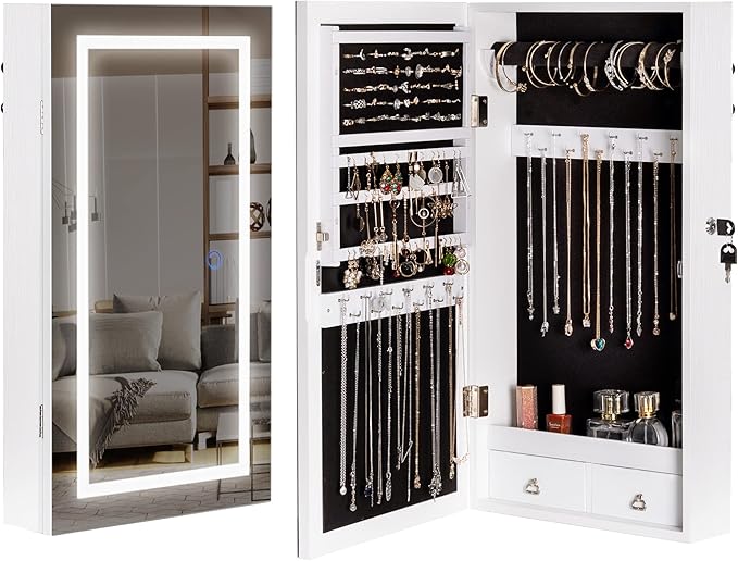 LAVIEVERT Jewelry Armoire with LED Lighted Mirror, Wall/Door Mounted Frameless Mirror with 3 Color Lights, Lockable Jewelry Cabinet Hanging Jewelry Organizer with 2 Drawers - White