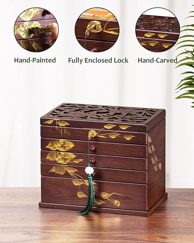 Hand-drawn rose Jewelry Box Wood for Wowen,6-Layer Wooden Jewelry Organizer Boxes with 4 Drawers dresser, Vintage Multi-functional Jewelry Storage Case with lock
