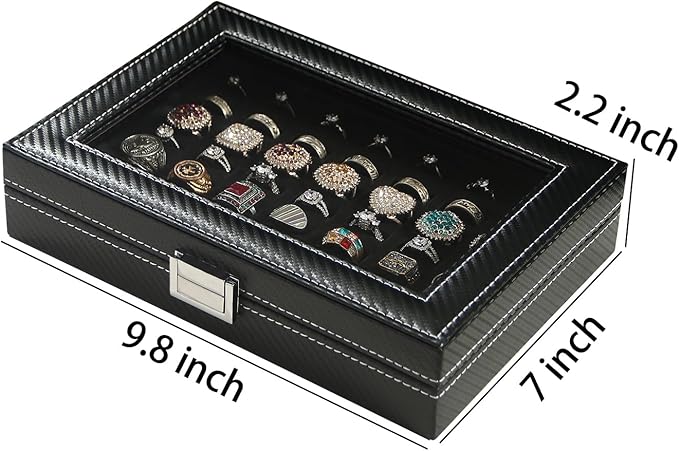 Byken Carbon Fiber Ring Organizer for Jewelry,Rings Display Case,Small Travel Jewelry Box,49 Slots Cufflink Storage Tray with Glass Lid,Black
