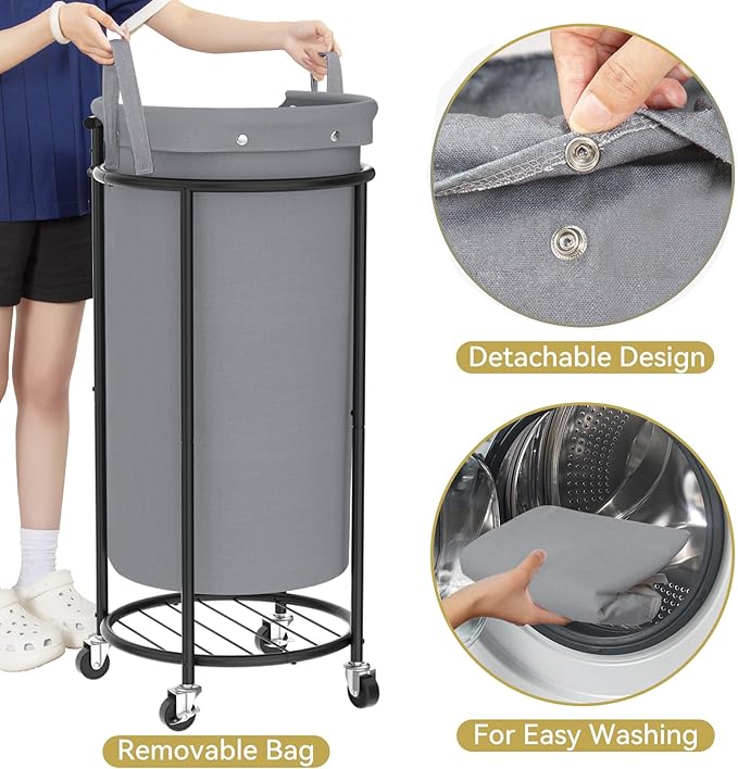 Chrislley 110L Laundry Hamper with Wheels,Rolling Laundry Basket with Removable Bag,Round Iron Laundry Cart with Steel Frame and Handle,Dirty Clothes Hamper Organizer for Dorm,Laundry Room(Grey)