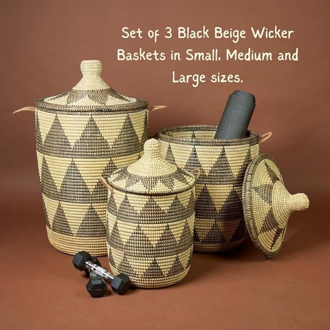Tall Large Decorative Wicker Storage Basket with Lid, Laundry Hamper, Blanket Storage, Toys Bin, Clothes Holder, Boho Style (Black Beige)