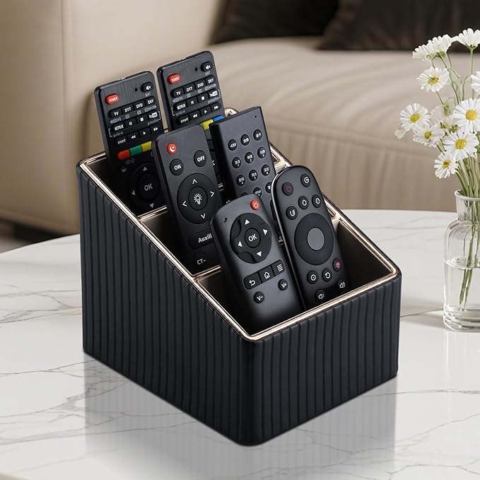 KINGFOM 3 Slot PU Leather Remote Controller Holder, Home Sundries Storage Box, TV Guide/Mail/CD Organizer/Caddy/Holder with Free Cable Desk Organizer (Black Striped)