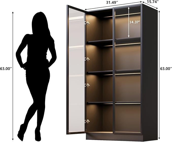 63'' Tall Glass Display Cabinet with LED Lights,Showcase with Glass Doors,4-Tier Curio Cabinet for Collectibles Bookcase,Storage Shelf, Bookcase(Black- 4 Layers, Large)