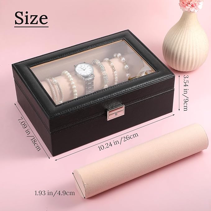 Bracelet Display Holder with Rods for Bangles Watches, Clear Lid Jewelry Organizer Box Storage Case for Women Girls -Black