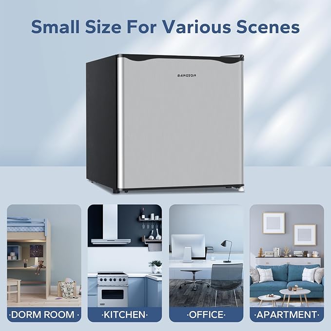 BANGSON Small Refrigerator,1.6 Cu.Ft Mini Fridge With Freezer, Reversible Single Door Mini Fridge, Compact Refrigerator For Office, Bedroom