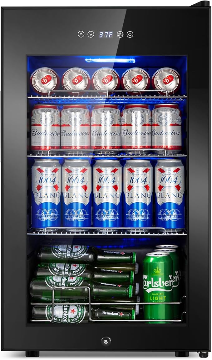 Beverage Refrigerator 17 inch Wide - 126 Can Beverage Cooler with Glass Door | Counter-Top/Freestanding Mini Beverage Beer Fridge | Temperature Memory | Invisible Door | Perfect for Soda,Beer