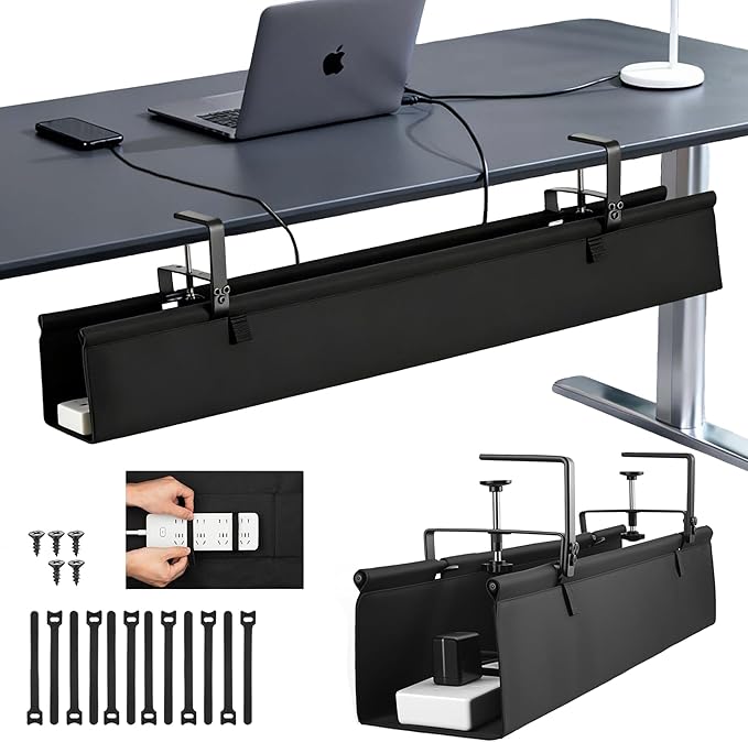 Oxford Cloth Under Desk Cable Management Tray,No-Drill 36" Desk Cable Management Organizer with Clip/Screw Installation,Fabric Cable Management for Home,Office & Gaming Computer(Black)