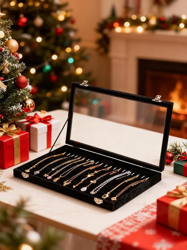 Cirhy Necklace Organizer Box, Anti-Tarnish Jewelry Box & Dustproof Necklace Case, Velvet Jewelry Tray for Drawer Storage, Tangle-Free Jewelry Organizer with Clear Lid, Christmas Gift for Women & Girls