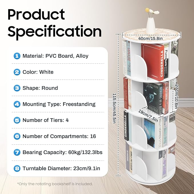 Rotating Bookshelf,360 Display Round Bookshelf,4 Tier Floor Standing Bookcase Storage Rack,Narrow Swivel Book Shelf Organizer for Bedroom,Living Room