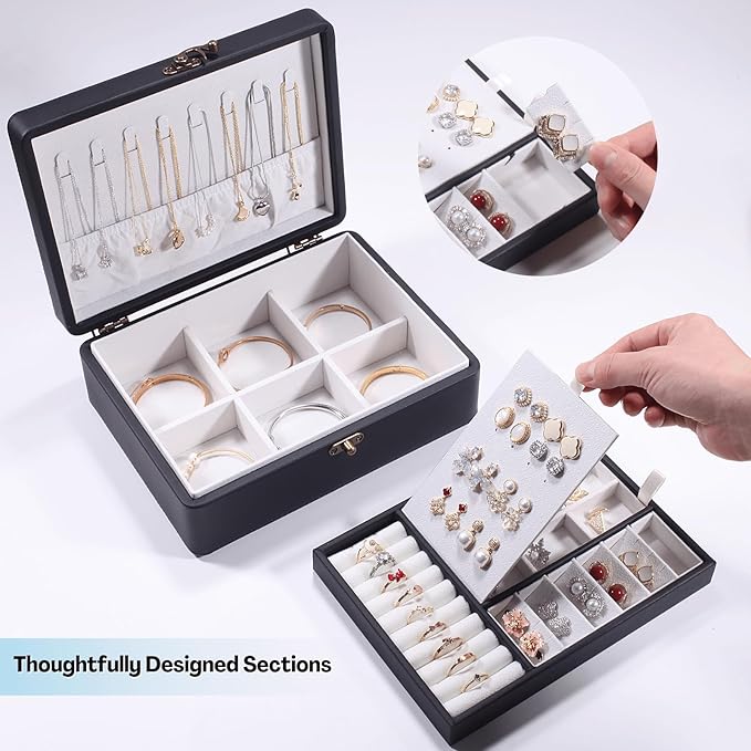 LAMOTI 2-Layer Jewelry Box for Women, Floating Effect Leather Jewelry Organizer with Detatchable Tray for Rings, Earrings, Necklaces & Bracelets (Black)