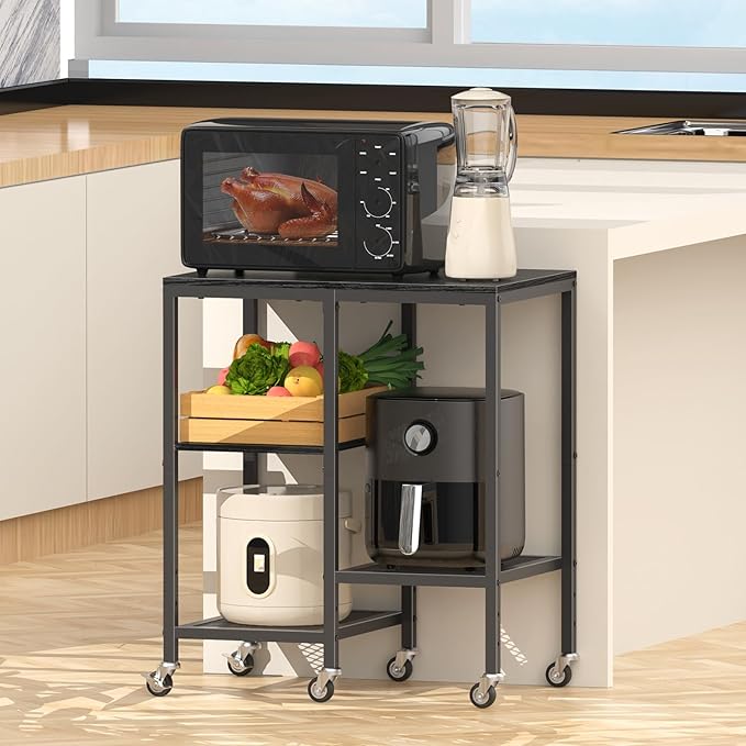 Kitchen Microwave Cart,Microwave Stand with Wheels,Coffee Bar Table Station,4-Tier Rolling Baker's Rack,Small Appliance Storage Shelf,Utility Side Table for Kitchen,Living Room (Black)
