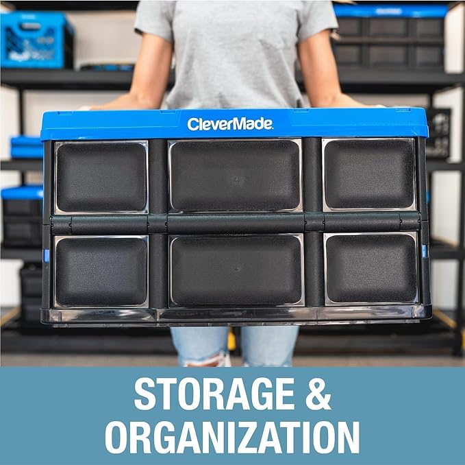 CleverMade Collapsible Storage Bins - Obsidian 3 Pack 62L - Stackable Containers Heavy Duty Capacity Folding Crates - Space-Saving for Home