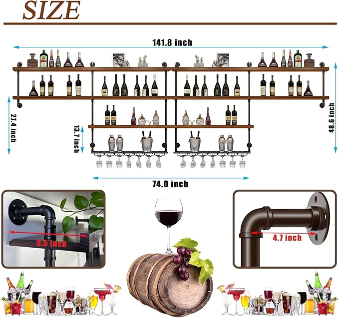 Solid Wood Wall Mounted Wine Rack, Large Wine Rack with LED Light, 4 Tiers Liquor Bottles Floating Shelves with Glass Holder, Industrial Bar Shelves for Home Bar Dining Room (141.8 IN/ 360CM)