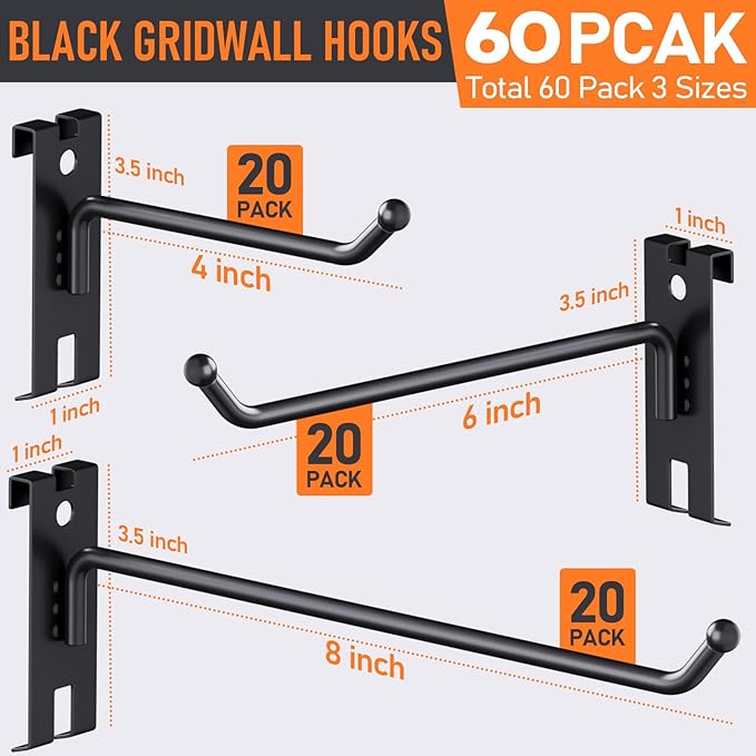 INCLY 4/6/8 Inch Gridwall Hooks, 60 Pack Heavy Duty Black Display Hooks for Grid Wall Panels, Grid Wall Accessory for Storage Display Clothes in Retail Shop Garage