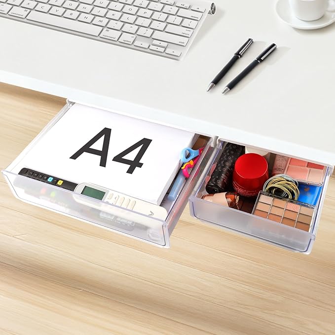 OSPNIEEK Self-adhesive Under Desk Drawer Organizer, 2 Pack Table Hidden Slide Out Large Storage Mounted Desktop Pencil Holder Tray Drawers for Office Home School Stationery Kitchen (XL+L, White)