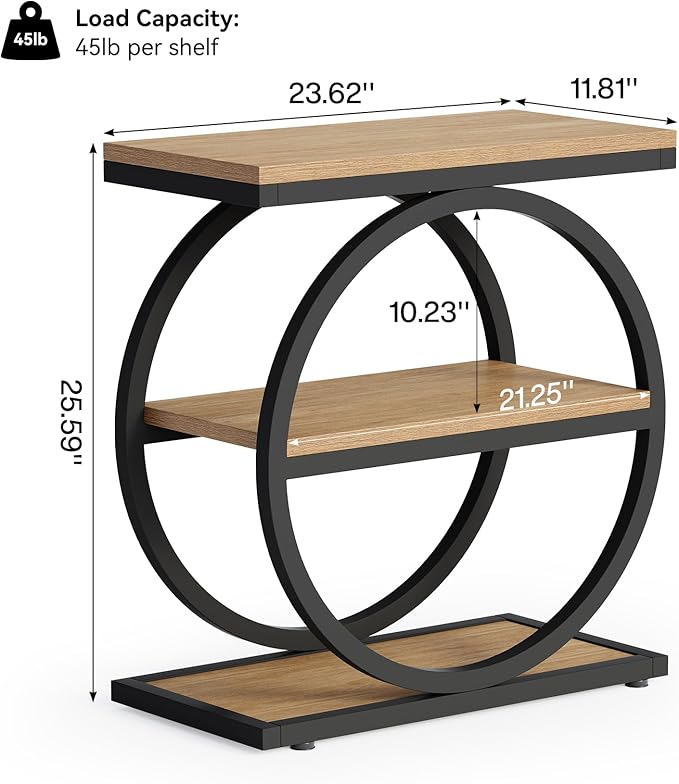 LITTLE TREE 3-Tier End Table, Side Table with Storage Shelves, Small Sofa Side Table for Living Room, Wooden Side End Table with Double Round Metal Legs, Slim Nightstand and Bedside Table, Oak