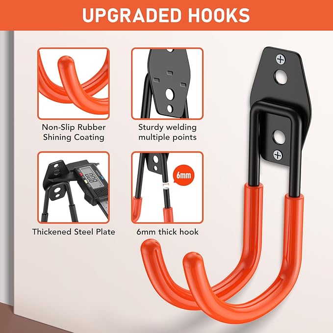 Garage Hooks with Anti-Slip Coating,Heavy Duty Wall Mount Storage Hooks for Hanging Bike,Hose,Ladder,Yard,Garden Tools (4 Pack Orange 5.5x4.1 Inch)