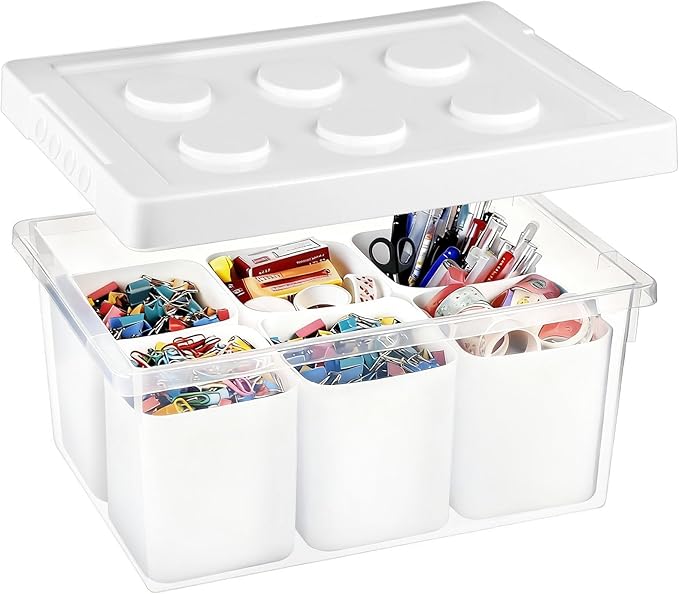 loobuu Plastic Storage Bins with Lids, Art Craft Supply Organizer Box with Brush Pot, Multipurpose Stackable Storage Containers for Organizing Tool, Craft, Crayon,Sewing(White)