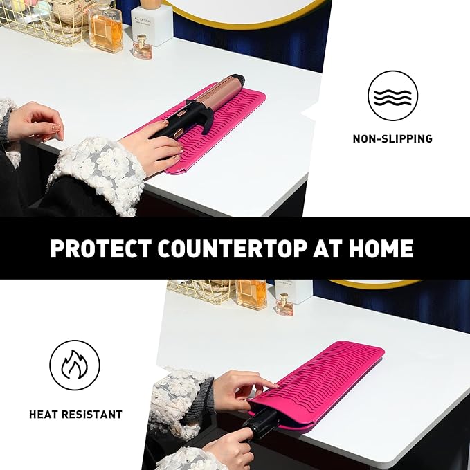 ZAXOP 2 Pack Heat Resistant Silicone Mat Pouch for Flat Iron, Curling Iron,Hair Straightener,Hair Curling Wands,Hot Hair Tools (HOT Pink&HOT Pink)