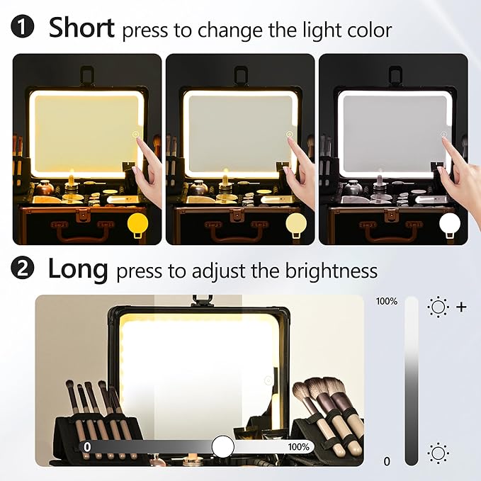 Makeup Case with Lighted Mirror, Makeup Box Organizer with Detachable LED Mirror, Travel Makeup Train Case, Waterproof Cosmetic Organizer, Standing Makeup Brush Holder, Gift, Black Gold