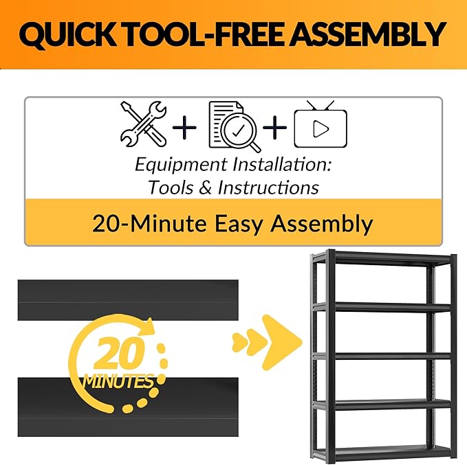 BESFUR 5-Tier Garage Storage Shelves, Heavy Duty Metal Storage Shelving, Adjustable Matal Shelving Unit, 3000 lbs Capacity, for Warehouse Garage Basement, 16"*36"*71", Black