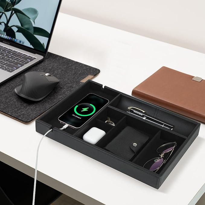 HofferRuffer Faux Leather Valet Tray for Gift, Nightstand Organizer Decorative Dresser Tray Box with Phone Charging Station, Storage Catchall for Men and Women (Black Organizer)