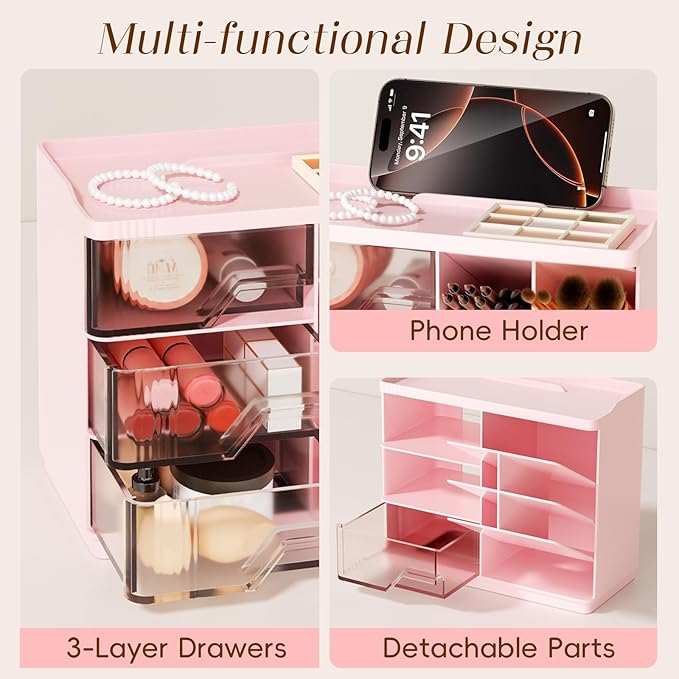 Small Makeup Organizer with Drawers, Stackable Bathroom Couneter Organizer with Phone Holder, Versatile Vanity Organizer Countertop, Cosmetic Organizer for Makeup Brush, Skin Care, Lotion -Pink,1Pack