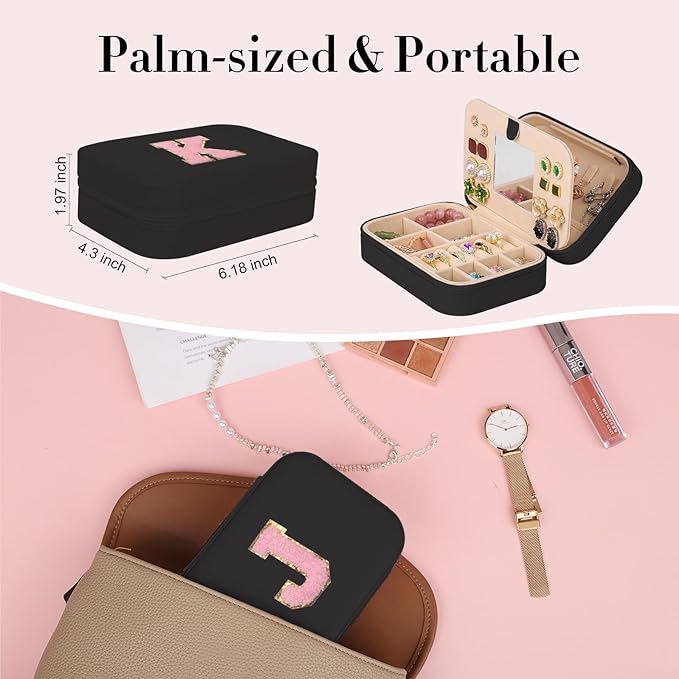 TopPerfekt Travel Jewelry Case, Jewelry Box with Mirror, Jewelry Organizer Bridal Shower Gifts to Her, Earring Storage Travel Case, Trendy Gift for Women and Girls, Girlfriend-Letter J, Black
