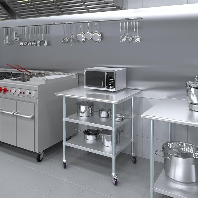 AmGood Stainless Steel Work Table with 2 Shelves and Casters | Metal Utility Table On Wheels (Stainless Steel Work Table with 2 Shelves + Casters, 36" Long x 30" Deep)