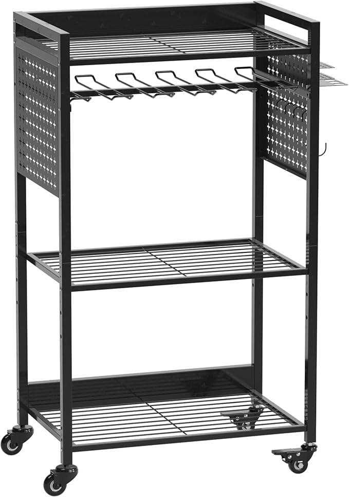 Power Tool Organizer Cart, Rolling Tool Drills Holders Storage Rack on Wheels, 38 inch Black Utility Cart for Garage Workbench, Warehouse, Gift for Husband